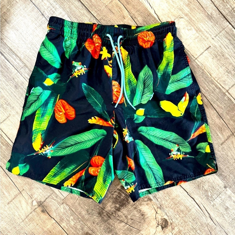 Old Navy Mens SMALL Tropical  Toucan Anthurium Graphic Elastic Waist Swim Trunks